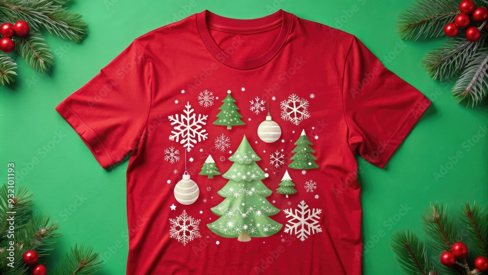 Festive holiday season graphic print on a red casual t-shirt with snowflakes, trees, and ornaments on a bright green background with sparkling snow. Festive holiday season graphic print on a red casual t-shirt with snowflakes, trees, and ornaments on a bright green background with sparkling snow.
