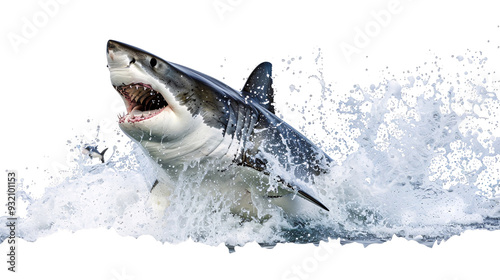 Great white shark breaching the water surface to catch a seal, white background for clipping