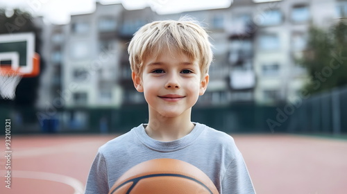 Young Boy Smiling Holding Basketball Urban Park Outdoor Game Fun