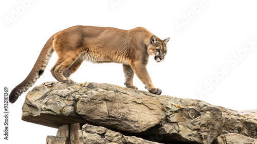 Mountain lion perched on a rock ledge scanning for prey below, white background for clipping photo