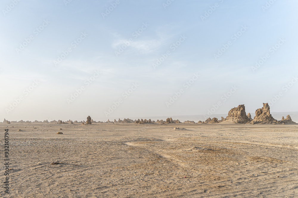 Obraz premium Moon landscape of limestone chimneys geological rock formations in a sunset rays at the bottom of dried salt lake Abbe, Djibouti