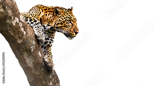 Leopard climbing a tree to pounce on an unsuspecting animal, white background for clipping