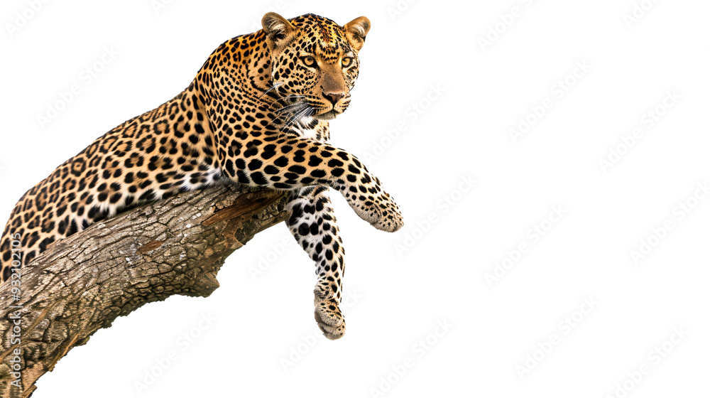 Naklejka premium Leopard climbing a tree to pounce on an unsuspecting animal, white background for clipping