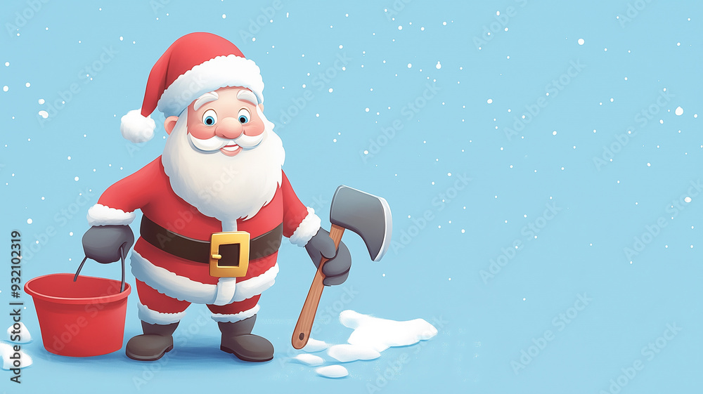 Santa Claus holding ax tool and bucket, working as a handyman or craftsman, winter holiday season, christmas greeting card, illustration Santa Claus holding ax tool and bucket, working as a handyman or craftsman, winter holiday season, christmas greeting card, illustration