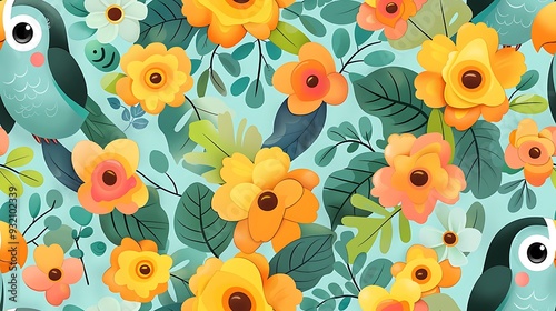 A seamless pattern of cute cartoon toucans and parrots flying through a lush jungle, surrounded by tropical leaves and bright flowers, vibrant greens and yellows, dynamic action poses, hd quality,