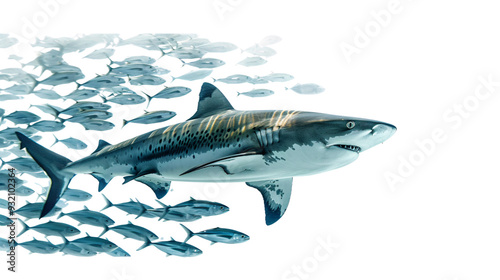 Shark swimming towards a school of fish in the ocean, white background for clipping photo