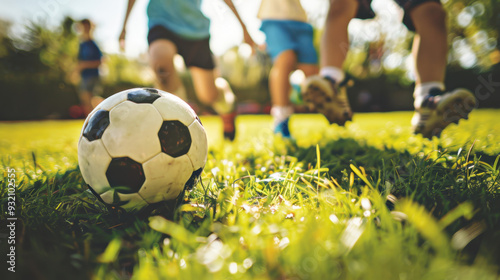 Children playing soccer on the grass in a park with a ball close up. 