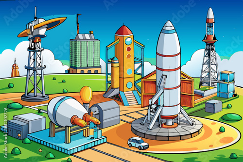 Telecommunication Antennas, Satellite Platforms, and Launch Systems art vector illustration