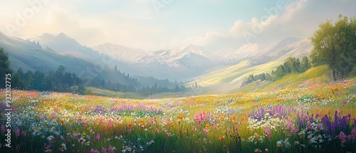 Picturesque meadow dotted with wildflowers and rolling hills bathed in soft morning light capturing the serene beauty of nature's landscapes
