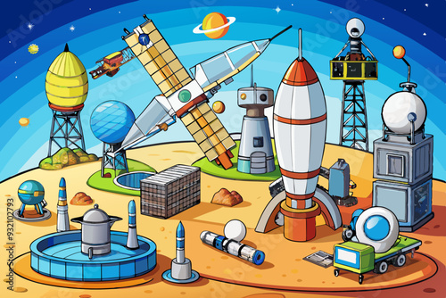 Telecommunication Antennas, Satellite Platforms, and Launch Systems art vector illustration