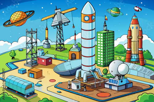Telecommunication Antennas, Satellite Platforms, and Launch Systems art vector illustration