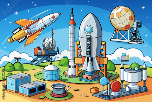 Telecommunication Antennas, Satellite Platforms, and Launch Systems art vector illustration