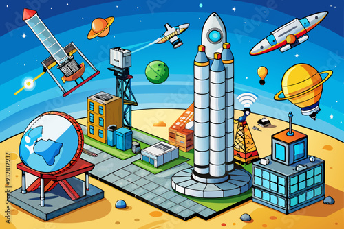 Telecommunication Antennas, Satellite Platforms, and Launch Systems art vector illustration
