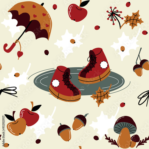 Autumn love pattern vector illustration with boots in puddle, umbrella, apples, mushrooms, acorns, berries on light yellow background, perfect for fall designs in yellow red brown black gray white