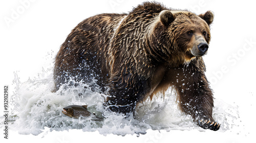 Grizzly bear hunting for fish in a rushing river, white background for clipping