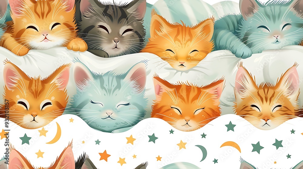 A seamless pattern of fluffy cartoon bunnies and kittens snuggled up in a bed of soft blankets and pillows, surrounded by twinkling stars and moons, warm colors, soft lighting, hd quality, A seamless pattern of fluffy cartoon bunnies and kittens snuggled up in a bed of soft blankets and pillows, surrounded by twinkling stars and moons, warm colors, soft lighting, hd quality,
