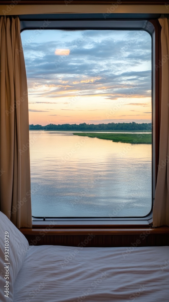 Experience the tranquility of a well-designed luxury bedroom on a cruise, featuring a panoramic window overlooking a stunning seaside landscape Experience the tranquility of a well-designed luxury bedroom on a cruise, featuring a panoramic window overlooking a stunning seaside landscape