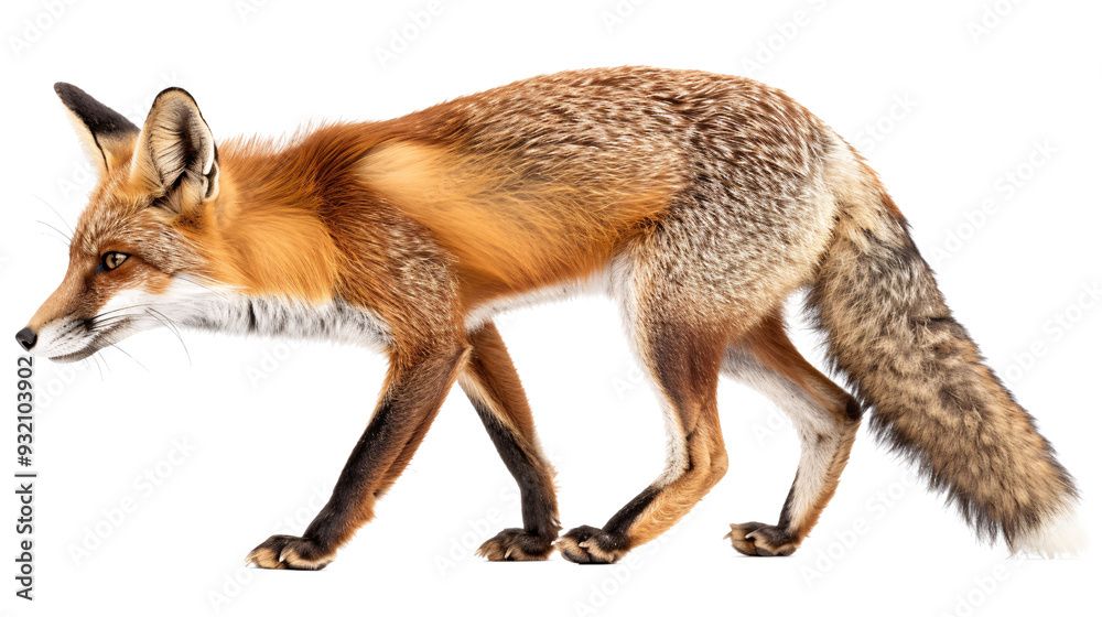 Fototapeta premium Fox sneaking up on a rabbit in the early morning light, white background for clipping