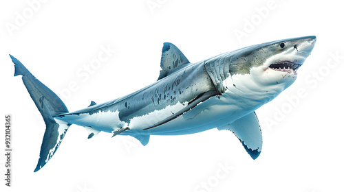 Great white shark swimming menacingly towards the camera, white background for clipping