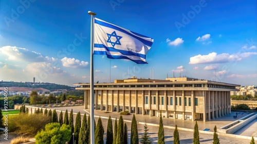 Flags of Israel wave above the Knesset, the country's parliament building in Jerusalem, symbolizing the nation's government and democracy in the Middle East.