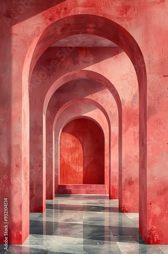 Elegant pink arches with dramatic lighting in architectural illustration