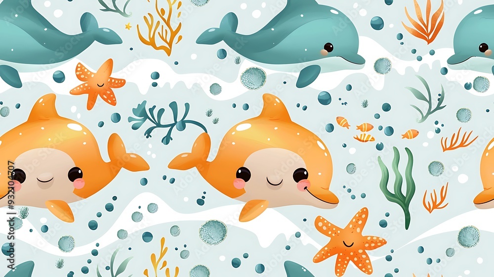 Obraz premium A seamless pattern of playful cartoon dolphins and starfish splashing in ocean waves, with coral and seaweed in the background, vibrant blues and greens, dynamic action poses, hd quality,