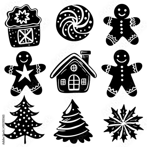 Black and white silhouettes of gingerbread cookies, trees, snowflakes