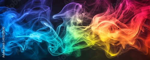 Colorful smoke swirls on black background, vibrant