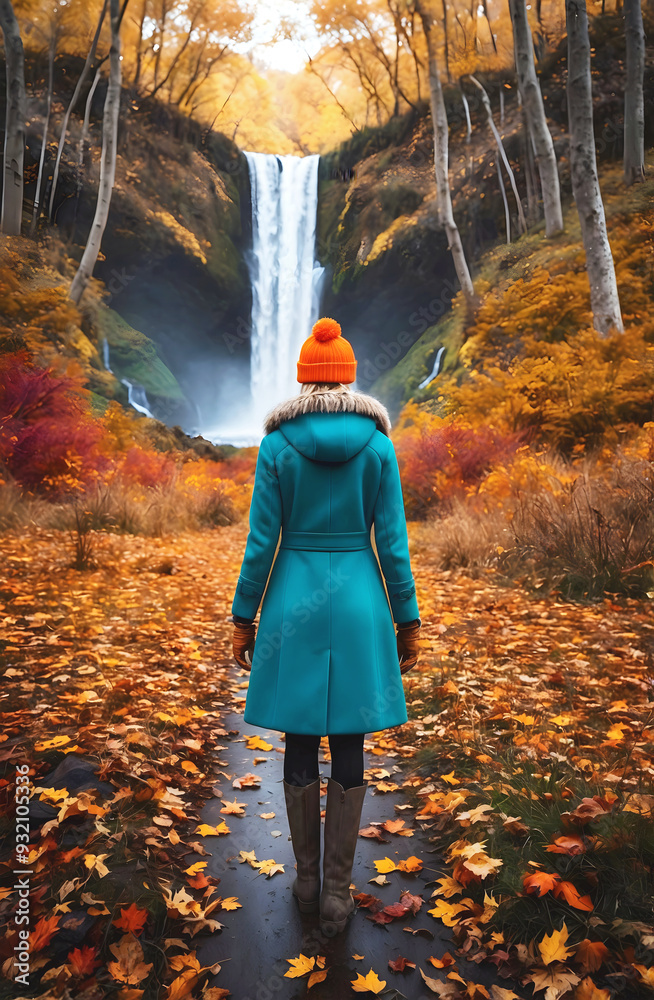 Woman fashion model in teal coat and beanie standing in autumn forest with waterfall, adventure and lifestyle concept, seasonal nature background