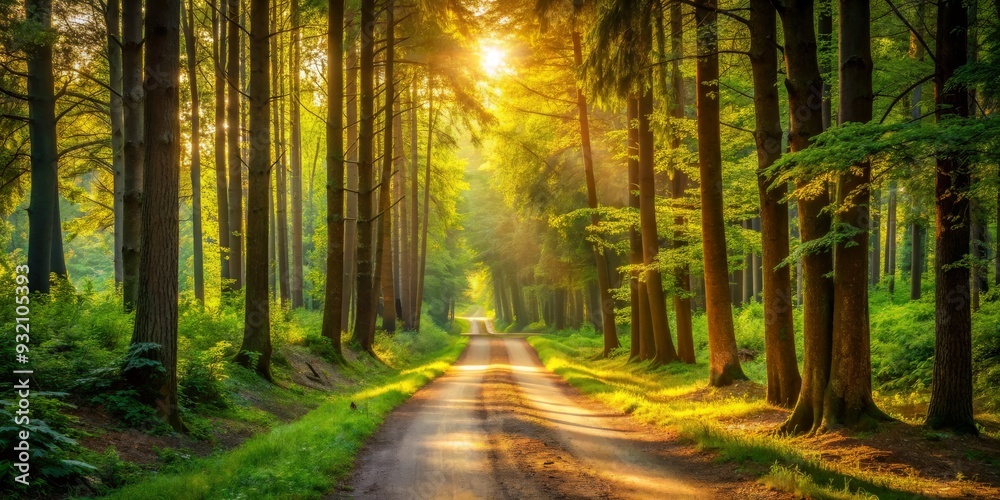 Obraz premium Golden Sunlight Path Through a Forest, Nature, Photography, Woodland, Landscape