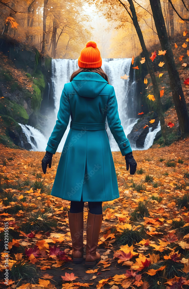 Woman fashion model in teal coat and beanie standing in autumn forest with waterfall, adventure and lifestyle concept, seasonal nature background