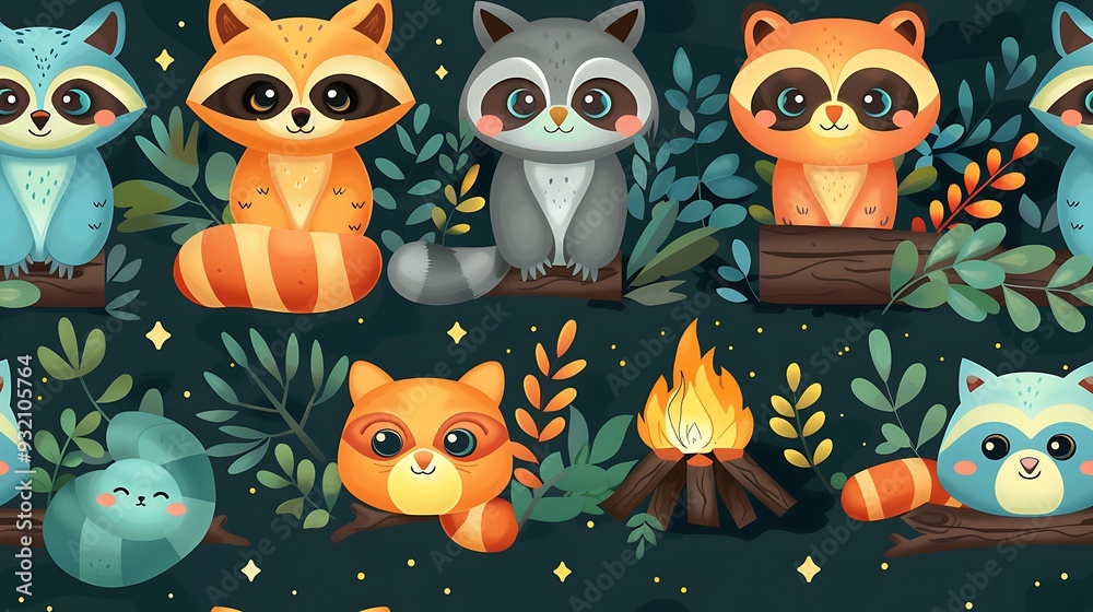 Fototapeta premium A seamless pattern of playful cartoon owls and raccoons gathering around a glowing campfire under the stars, warm firelight against cool night skies, detailed textures, hd quality, natural look.