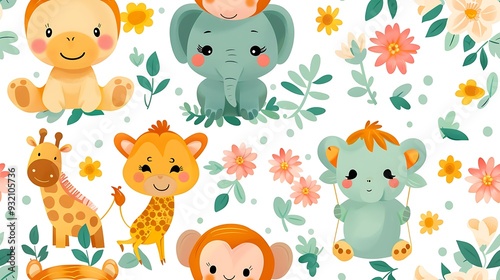 A seamless pattern of playful cartoon monkeys swinging from acacia trees, with giraffes and elephants grazing nearby, warm tones, dynamic poses, soft shadows, hd quality, natural look.