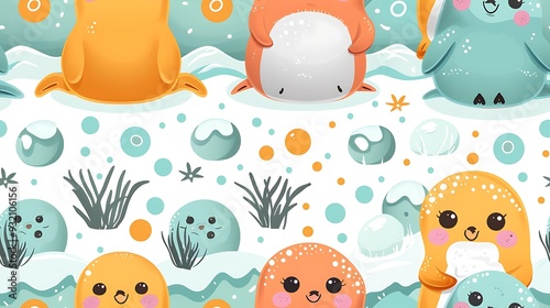 A seamless pattern of playful cartoon seals and penguins having a snowball fight, set against a backdrop of snowdrifts and icebergs, bright whites and blues, dynamic poses, hd quality, natural look.