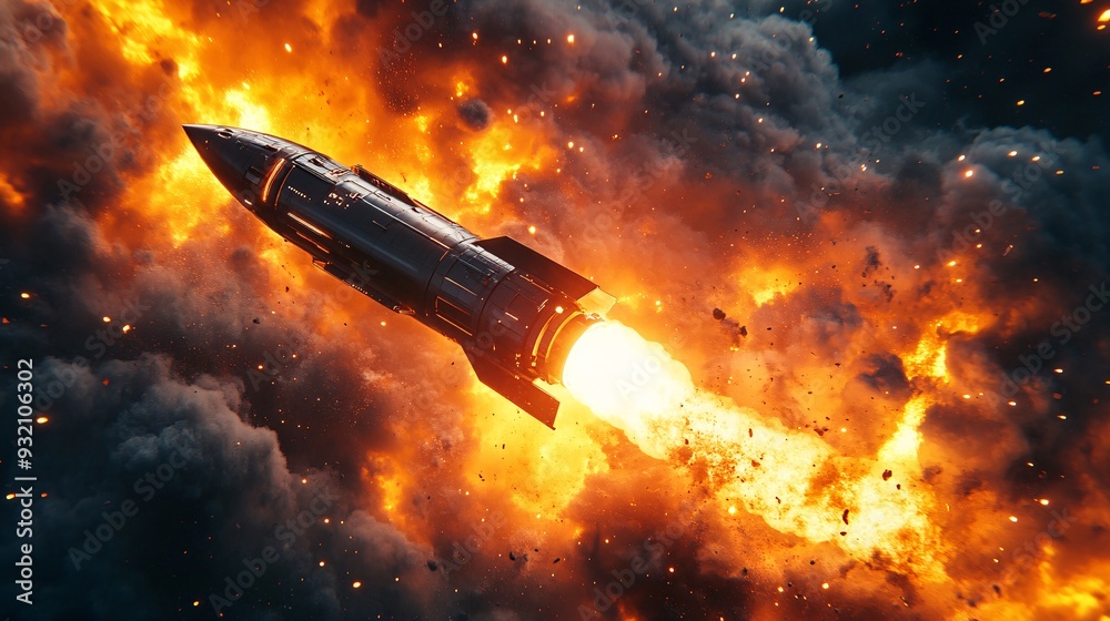 Obraz premium Futuristic space rocket launch, 3D render emphasizing advanced technology and development, with detailed rocket and vibrant blast effects