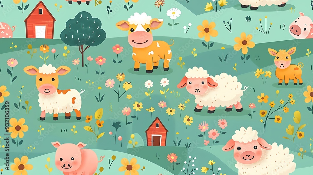 Obraz premium A seamless pattern of playful cartoon sheep, cows, and pigs frolicking in a green pasture with a red barn in the background, vibrant colors, detailed textures, gentle shadows, hd quality,