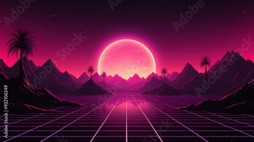 Retro Futuristic Landscape with Pink Moon and Grid