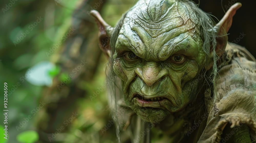 A green goblin character stands amidst dense foliage, showcasing intricate details and a fierce expression A green goblin character stands amidst dense foliage, showcasing intricate details and a fierce expression