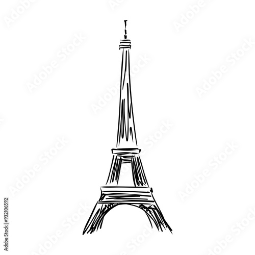 Eiffel tower in France straight view, doodle line sketch,