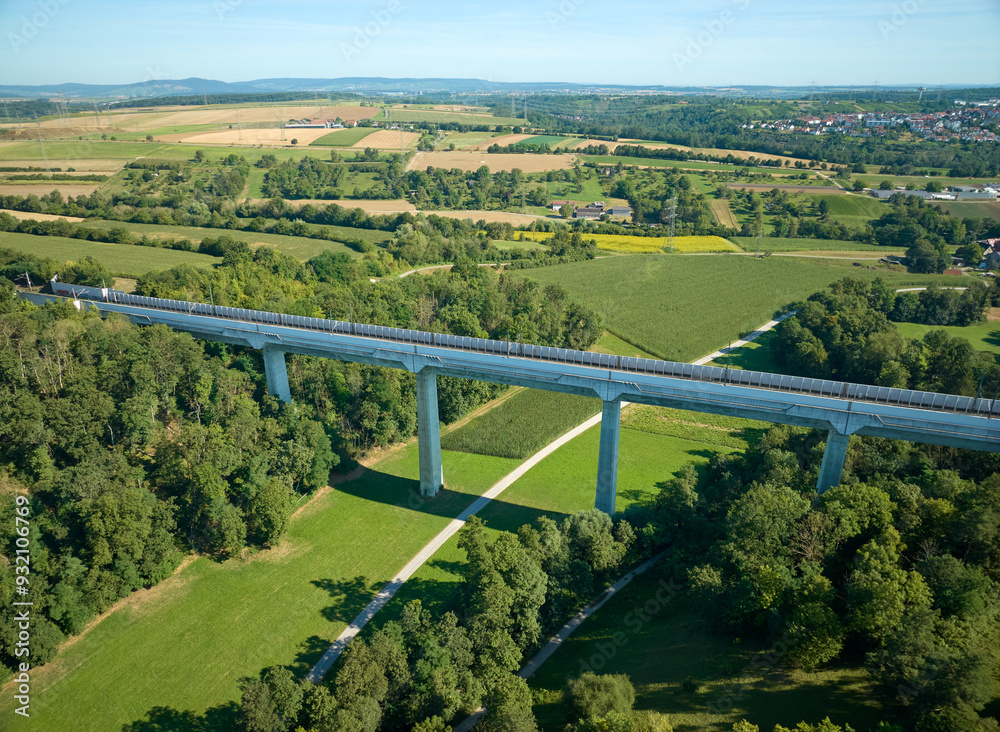 Obraz premium aerial view on a railroad viaduct in the course of the high speed express train route between Stuttgart and Mannheim, Baden Wuerttemberg Germany