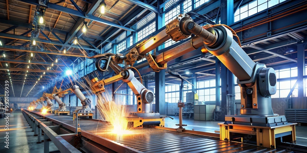 Industrial Robot Arm Welding on a Production Line, welding , automation , robot , factory Industrial Robot Arm Welding on a Production Line, welding , automation , robot , factory