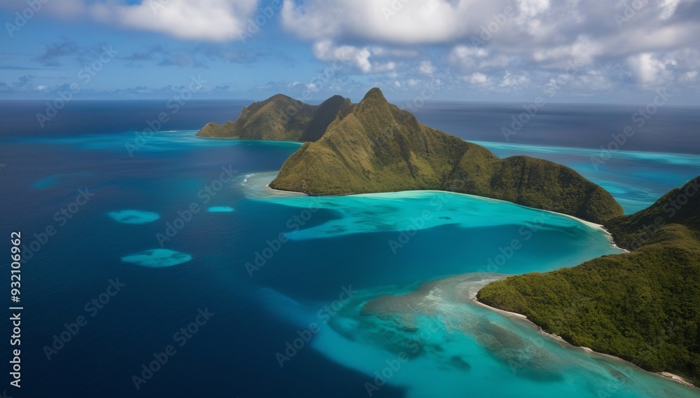 Aerial view of land with seascape, showcasing a breathtaking landscape of water, sky, and mountains, offering a stunning travel destination for nature lovers