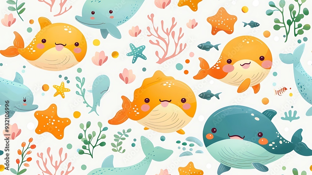Fototapeta premium A seamless pattern of playful cartoon whales and dolphins swimming together in a bright blue sea, with starfish and coral in the background, rich oceanic colors, soft shadows, hd quality,