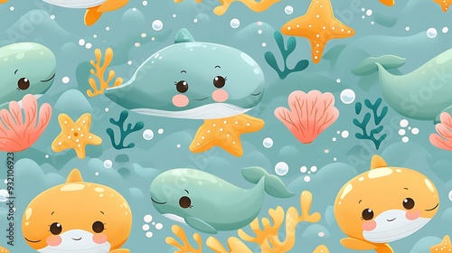 A seamless pattern of playful cartoon whales and dolphins swimming through a coral-filled ocean, with starfish and bubbles floating around, bright blues and greens, soft lighting, hd quality,