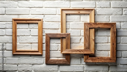 Four rustic wooden picture frames of varying sizes hang on a distressed white brick wall, creating a unique and eclectic gallery display concept. photo