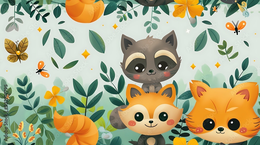 A seamless pattern of adorable cartoon bats and raccoons playing hide and seek among the trees, surrounded by stars and fireflies, soft shadows, detailed fur and wing textures, hd quality, A seamless pattern of adorable cartoon bats and raccoons playing hide and seek among the trees, surrounded by stars and fireflies, soft shadows, detailed fur and wing textures, hd quality,