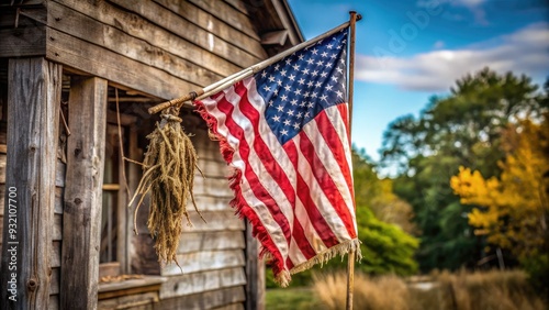 Frayed and worn, a faded American flag hangs limply from a weathered pole, its threads unraveling, symbolizing decay and neglect in a forgotten corner of the nation. photo