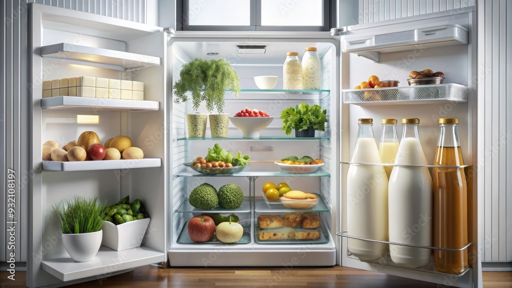 Fresh cold milk carton sits on middle shelf of organized refrigerator, surrounded by healthy snacks and sleek appliance interior in modern kitchen setting. Fresh cold milk carton sits on middle shelf of organized refrigerator, surrounded by healthy snacks and sleek appliance interior in modern kitchen setting.