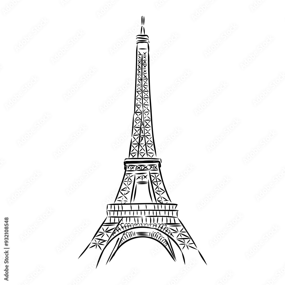 Obraz premium Eiffel tower in France straight view, doodle line sketch,