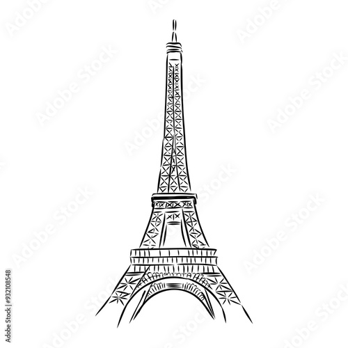 Eiffel tower in France straight view, doodle line sketch,